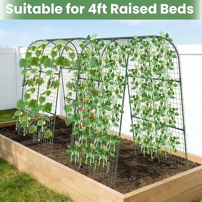 Cucumber Trellis, Metal Garden Arch Trellis for Raised Bed, 32 x 48inch U-Shape Garden Trellis for Climbing Plants Outdoor, Vegetables Fruit Plant Support with Netting, Gardening Supplies (Green)