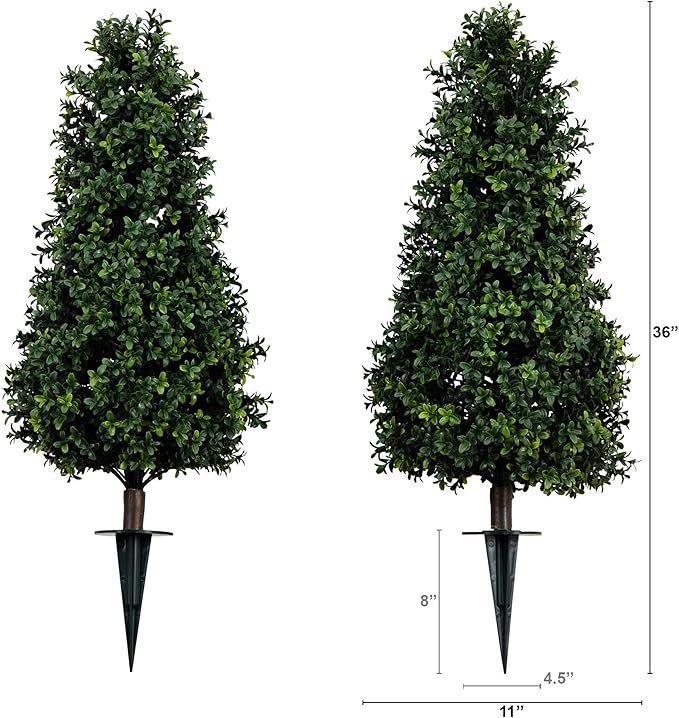 Nearly Natural 3ft UV Resistant Artificial Boxwood Plants, Set of 2, with Integrated Ground Stakes for Indoor Outdoor and Garden Decor