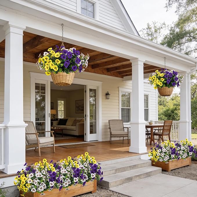 17 Inch Artificial Faux Pansy Flowers for Outdoor,Fake Pansies Flowers with Eucalyptus Leaves Fake Plants Greenery Boxwood Porch Patio Decor 6 Bundles(Dark Purple, Yellow, White)