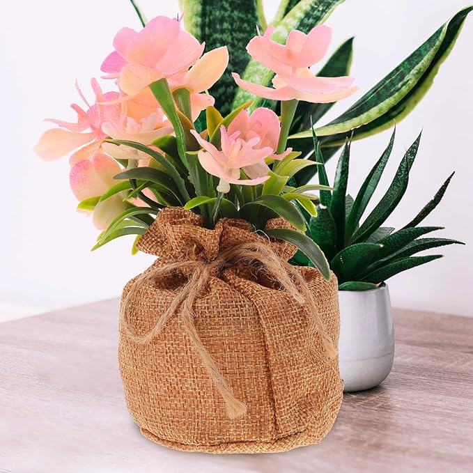 Artificial Orchid Flower Faux Phalaenopsis Potted Plant, Realistic Simulation Orchid Bonsai with Jute Bag, Home Table Decoration for Living Room and Office