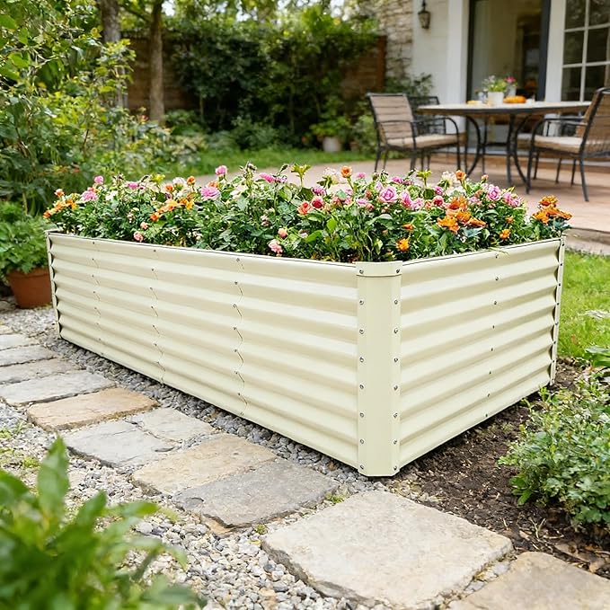 GARDMAX 8x4x2FT Galvanized Raised Garden Bed Kit, Metal Planter Boxes Outdoor with Easy Assembly, Large Garden Bed for Vegetables, Fruits, Flower, Herbs Rectangle Milk White