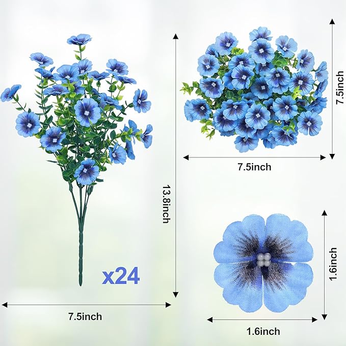 24 Bundles Artificial Flowers for Outdoors Fake Silk Flowers UV Resistant Faux Plants Eucalyptus for Spring Summer Decoration Planters Table Vase Garden Yard Porch Window Home Decor, Blue