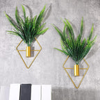 Canlierr 2 Pieces Gold Wall Decor Hanging Planters with Artificial Plants Metal Vase Indoor Plants Holder Modern Geometric Wall Art for Home Bathroom Bedroom Living Room Office(Boston Fern,Large)
