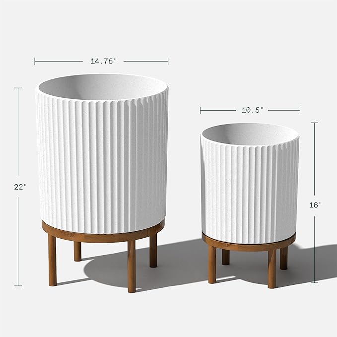 Veradek Demi Series Round Planter w/Stand for Porch/Patio | Durable Plastic-Stone Composite & Wooden Stand | Modern Décor for Tall Plants, Flowers