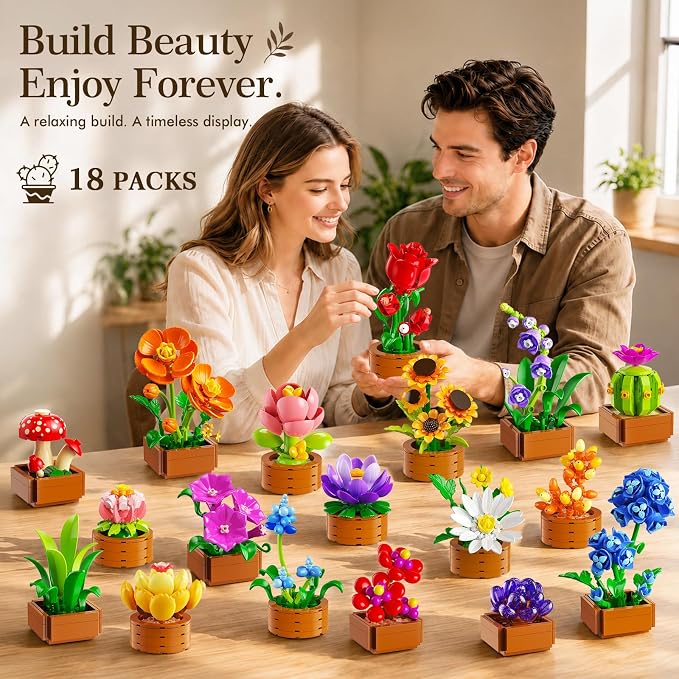 CUBIMANA 18 Unique Flowers Botanical Collection Mini Building Set, Tiny Flowers, Succulents & Plants with 3.6mm Mini Blocks, Desk Decor for Home Office, Relaxing DIY Gift for Women Adults Kids 12+
