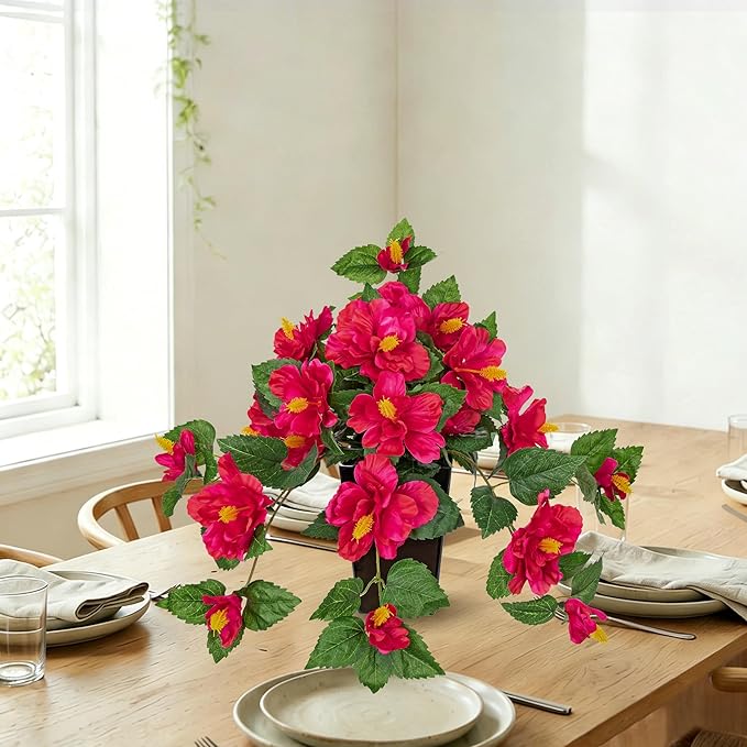 Briful Artificial Hanging Hibiscus Flowers Potted Plant – Faux Tropical Hibiscus with Silk Petals & Lush Leaves – Black Square Pot – Hot Pink Fake Flower for Indoor Outdoor Porch Patio Decor
