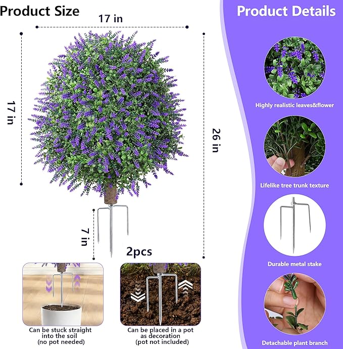 26'' Artificial Boxwood Topiary Trees with Lavender Flowers 2 Pack Fake Plants for Outdoor Indoor Artificial Shrubs with Metal Ground Spike UV Resistant Fake Bushes for Front Porch Garden, Red
