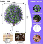 26'' Artificial Boxwood Topiary Trees with Lavender Flowers 2 Pack Fake Plants for Outdoor Indoor Artificial Shrubs with Metal Ground Spike UV Resistant Fake Bushes for Front Porch Garden, Purple