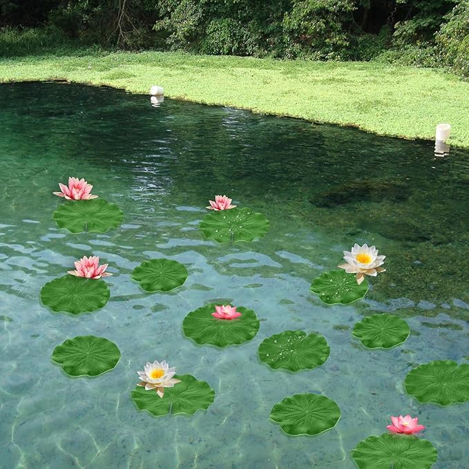 Abeillo 6Pcs Fake Lily Pads, 3 Sizes Floating Artificial Lily Pads Decorations, Realistic Pond Plants Decor for Pool Patio Aquarium Fountain
