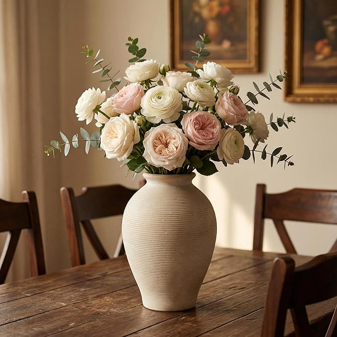 Large 9 Inch Ceramic Vase, Farmhouse Rustic Table Centerpiece, Vintage Floor Vase for Dried Flowers, Home Decor for Living Room, Mantel, Bookshelf & Office