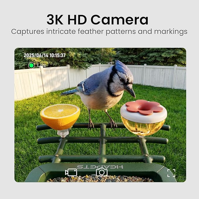 HEAPETS Bird Feeder with Camera Solar Powered, 3K HD Video, AI Bird Recognition, Auto Capture with Instant Notifications, IP65 Weatherproof, Gifts for Fathers Day, Brown