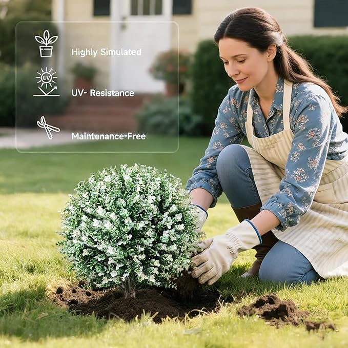 Artificial Boxwood Topiary Ball Trees – 2 Pack 24.5", Faux Plants, Shrubs & Bushes Outdoor with Spike, UV-Resistant Fake Greenery for Planters Porch Garden Home Office – White