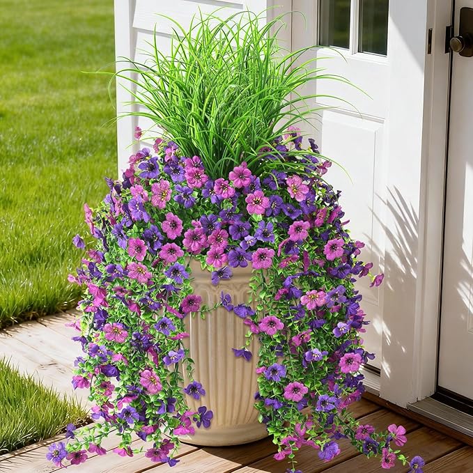 Artificial Hanging Flowers for Outdoors with Wheat Grass, 5 Pcs Fake Hanging Plants for Spring Decor, UV Resistant Faux Silk Flower Greenry for Planter Porch Patio Yard Garden(Double Purple)