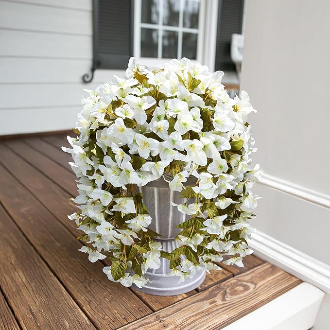 HyeFlora Bougainvillea Artificial Hanging Flowers Plants for Outdoors Decoration, 2pcs Faux Bougainvillea Vines White Fake Flowers Realistic UV Resistant Silk Flowers for Outside Planter Yard Gardens