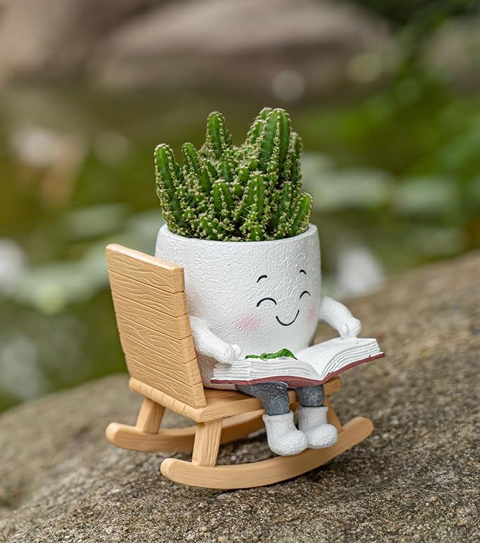 Rocking Chair Smiley Face Planter with Drainage Hole, Cute Plant Pots for Indoor Outdoor Plants,Unique Flower Pot for Succulents, Gift for Mother's Day, Birthday, Christmas(White)