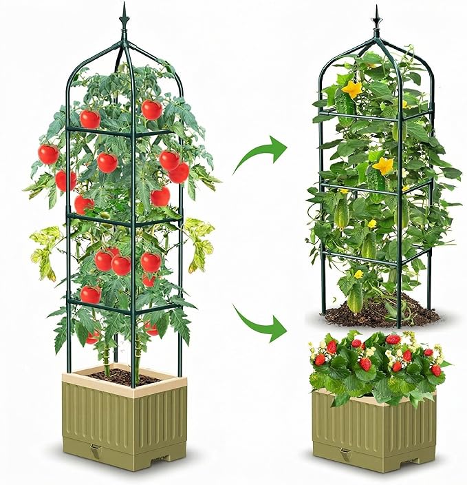 Raised Garden Bed Planter Box with Trellis, 71" Self-Watering Tomato Planter with Trellis for Climbing Vegetable and Plants, Tomato Cage Planters for Indoor Outdoor Patio Greenhouse Gardening (1Pack)