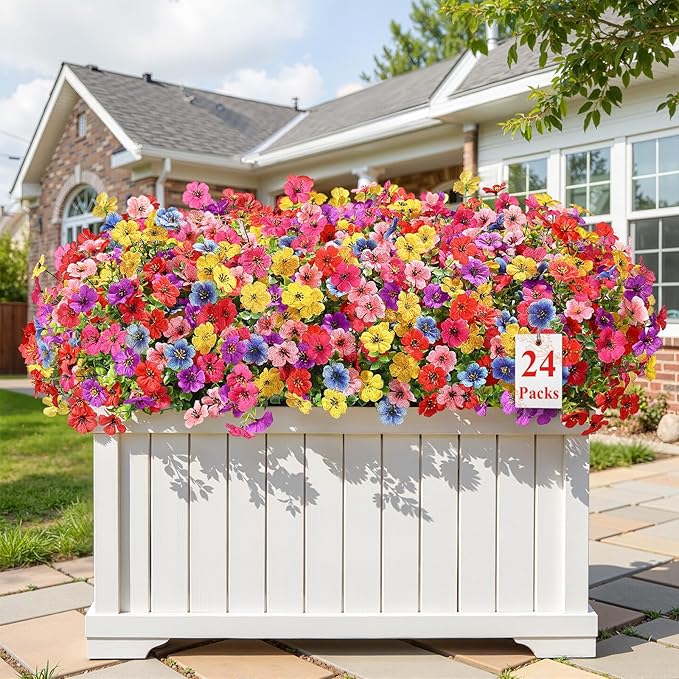 Alupssuc 24 Bundles Artificial Flowers for Outdoors Decoration, UV Resistant Silk Faux Floral Spring Fake Plastic Plants Greenery for Outside Indoor Home Garden Porch Window Box Decor, Mix 6 Colors