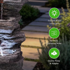 Solarbloom Outdoor Water Fountain with LED Lights, 5-Tier Spiral Cascading Stacked Waterfall Fountain Freestanding Resin Water Feature for Patio, Garden, Backyard, Deck