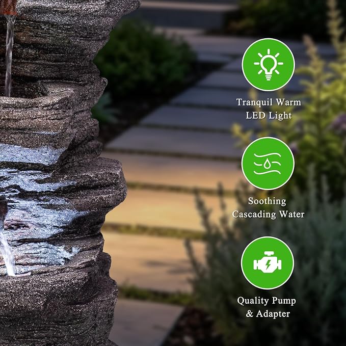 Solarbloom Outdoor Water Fountain with LED Lights, 5-Tier Spiral Cascading Stacked Waterfall Fountain Freestanding Resin Water Feature for Patio, Garden, Backyard, Deck