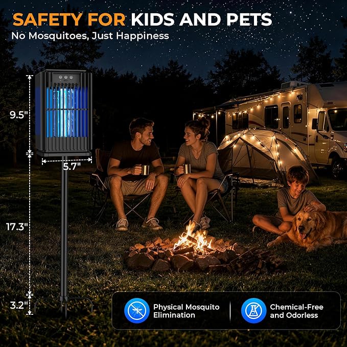 Solar Bug Zapper Outdoor, Solar Mosquito Zapper Outdoor with Ground Bracket, AUTO On/Off Solar Fly Zapper with Illuminated Light, Rechargeable Cordless Mosquito Traps for Camping Paito Backyard Garden