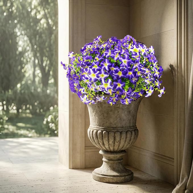 Daynight 32 Pcs Faux Petunias Artificial Flowers for Outdoors, UV Resistant Fake Purple Petunias Plants Realistic Silk Flowers for Porch Front Door Garden Window Outside Decor (32, Purple)