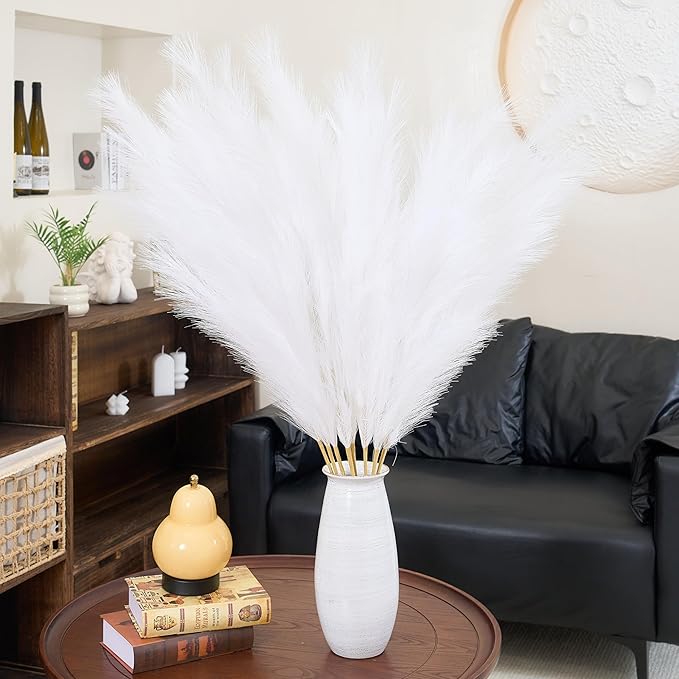 Premium Faux White Pampas Grass Decor 8pcs 43.3″ – Pure Cream Tall Fluffy Feather Flowers, No Assembly 18-Branch One-Piece Stems for Wedding Boho & Minimalist Home Decor, Floor Vase Arrangement