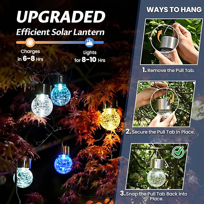 GIGALUMI Solar Lights Outdoor Waterproof, 12 Pack Solar Hanging Lights Garden Decor, Gifts for Women, Solar Outdoor Lantern Waterproof Cracked Glass for Yard, Fence, Tree(Cold White)