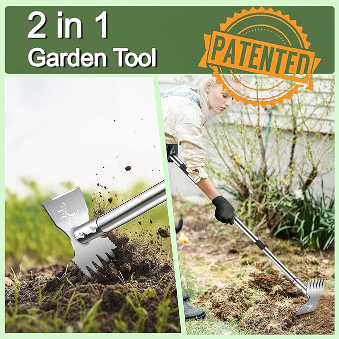 Weed Puller Tool with Long Handle, 60inch Manual Weed Puller Tool,2 in 1 Hand Weed Rake,Heavy Duty Garden Hoe,Uprooting Weeder Remover for Garden (Chrome(Stainless Steel), 60" Long Handle)
