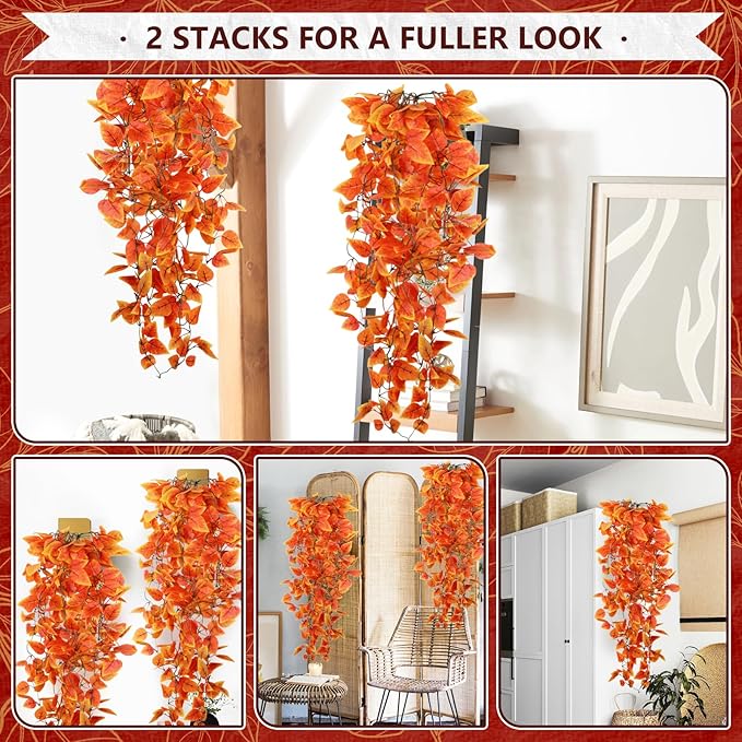 2-Pack Fake Hanging Plants, Faux Hanging Plant Artificial Greenery for Living Room Bedroom Boho Wall Shelf Indoor Outdoor Decor (Orange Pothos Ivy Vines)