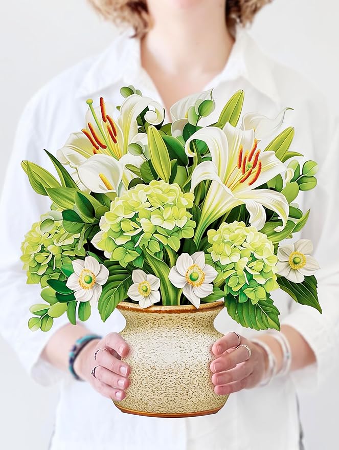 Freshcut Paper Pop Up Cards, Ivory & Sage, 12 Inch Life Sized Forever Flower Bouquet 3D Popup Greeting Card, Birthday Cards, Get Well Gifts, Blank Notecard & Envelope