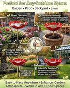 24" Handmade Metal Flower Garden Stake Bird Bath - Detachable Anti-Slip Bee Watering Station & Butterfly Puddler - Rustic Outdoor Art, Garden Gift for Bird Watchers, Mom & Seniors (Red 4pcs)