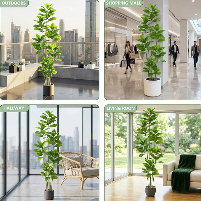 Ficus Tree Artificial Plants Indoor, 7FT Tall Fake Trees in White Pot, Large Potted Silk Floor Plant Artificial Trees, Green Lifelike Faux Ficus Tree for Home Room Office Porch Decor-Green