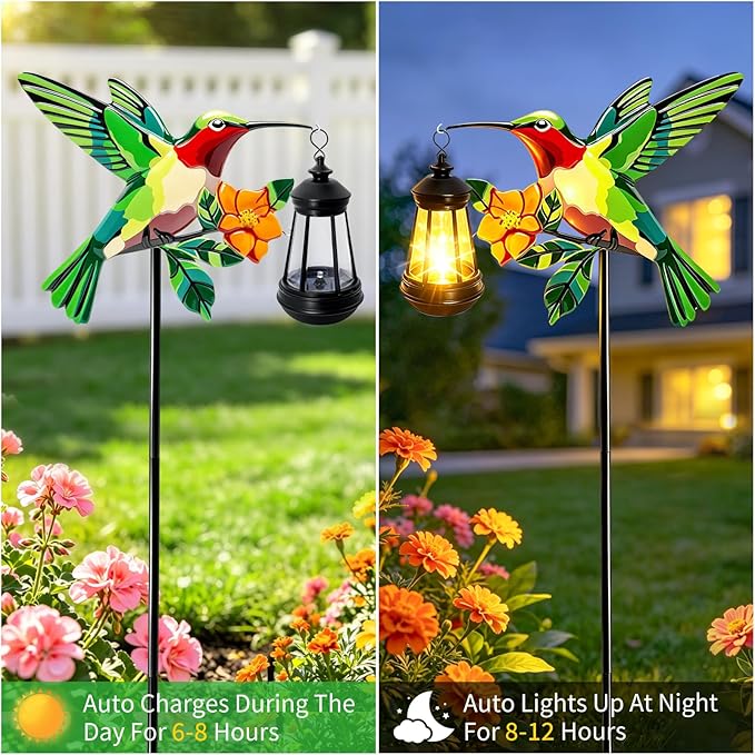2 Pack Solar Lights Outdoor Waterproof Hummingbird Decorative, 29in Metal Hummingbird Garden Stakes with Solar Lanterns for Yard Art Outside Patio Porch Lawn, Gifts for Women Mom Grandma Mother's Day