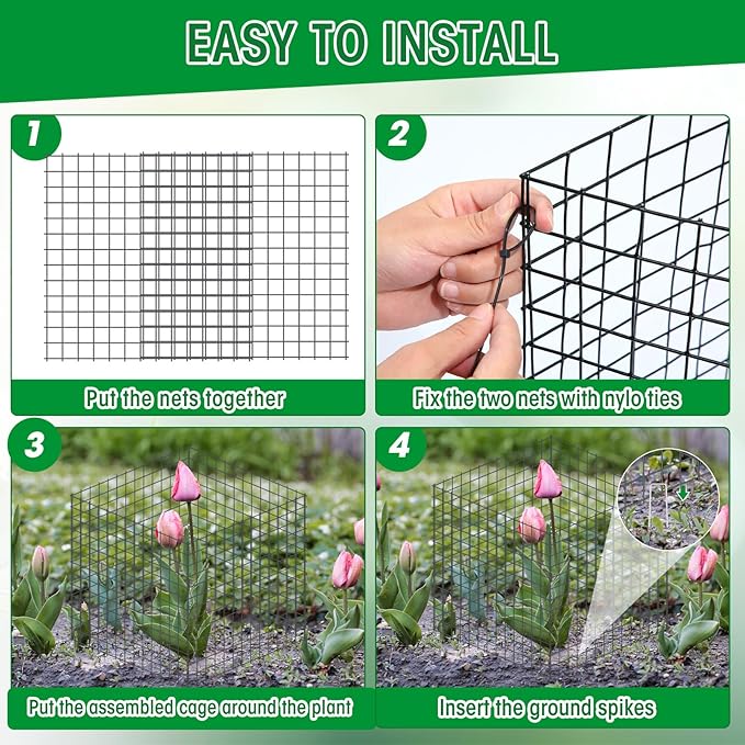 Zubebe 10 Pack Small Wire Plant Protectors Square Plant Protectors from Animals Mesh Cage Chicken Wire Cloche for Shrubs with Ground Stakes and Nylon Ties(Thickness 2mm,Dark Green)
