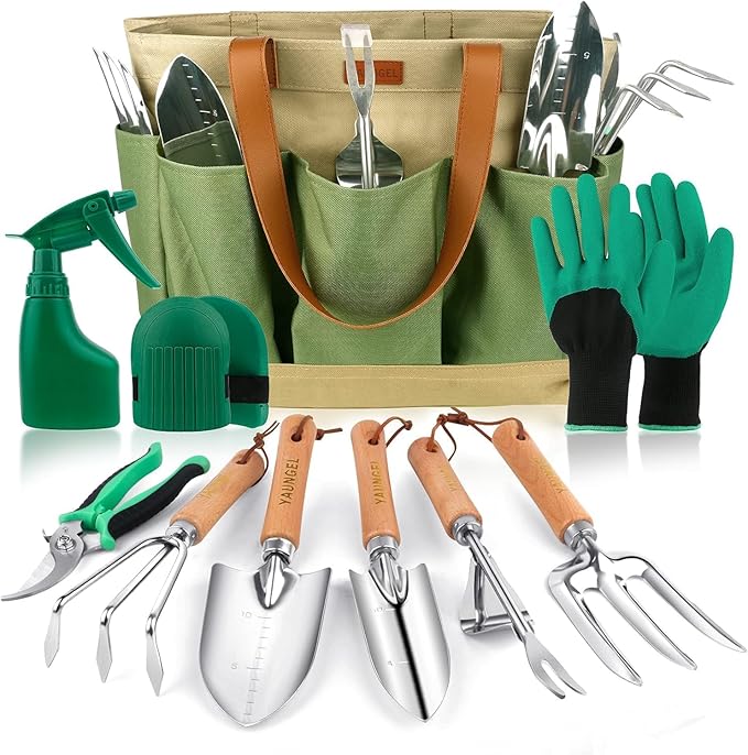 YAUNGEL Gardening Tools Set of 10 Heavy Duty Gardening Hand Tools Stainless Steel Garden Tools with Wooden Handle, Storage Garden Bag, Gardening Gifts for Women and Men