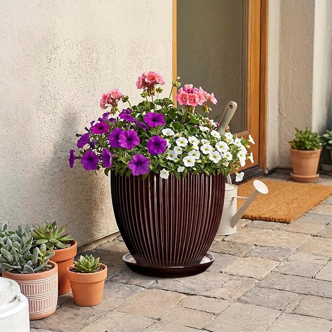 Ceramic Pots for Plants 10 Inch, Indoor Planter with Drainage Hole and Saucer, Large Round Decorative Ceramic Plant Pots, Modern Flower Planter, Patio Room Decor, Gifts for Plant Lovers, Brown