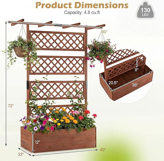 COSTWAY Wooden Raised Garden Planter with Trellis and Roof, 72" Freestanding Privacy Screen & Climbing Plant Support for Outdoor Patio, Balcony, Vegetable, Herb, and Flower Gardening (Brown,1)