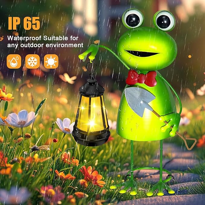 Solar Garden Lights Frog Statue with Solar Lantern Lights,13.78in Tall Frog Decor Fairy Accessories,Birthday Gifts for Women Mom Grandma,Big Metal Decorative Stakes for Home decor,Patio,Porch,Yard Art
