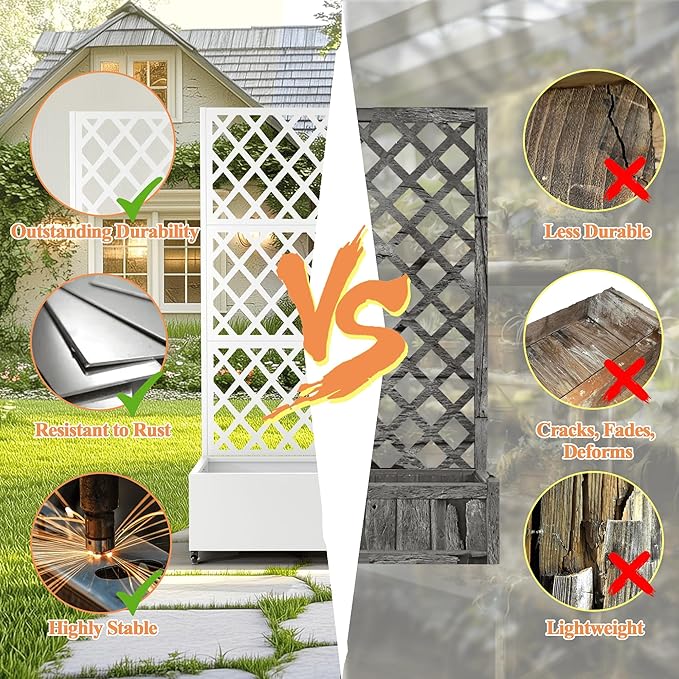 Metal Raised Garden Bed with Diamond Lattice Trellis, Outdoor Planter Box for Climbing Plants Vegetables Vines, Galvanized Garden Box with Drainage Holes and Wheels, White (35.4"L x 16.7"W x 73.2"H)