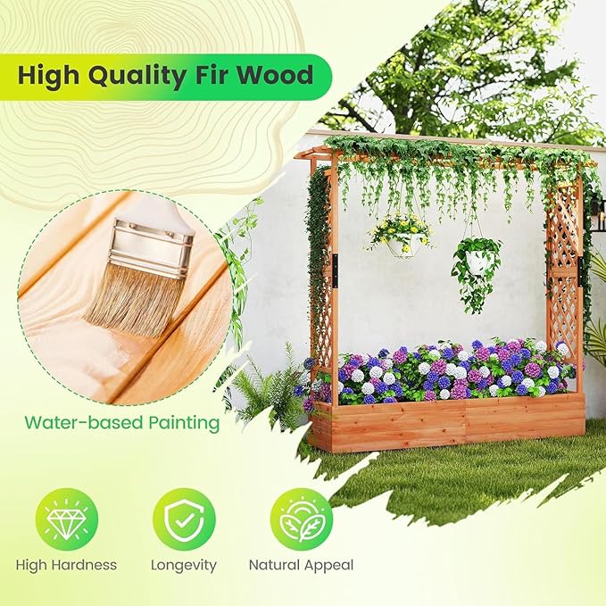 BECOMFORT Raised Garden Bed with Trellis & Hanging Roof, 72" Tall Fir Wood Planter Box with Drainage Holes, Outdoor Elevated Garden Planter for Climbing Vines (Orange, 77" Lx17 Wx72 H)