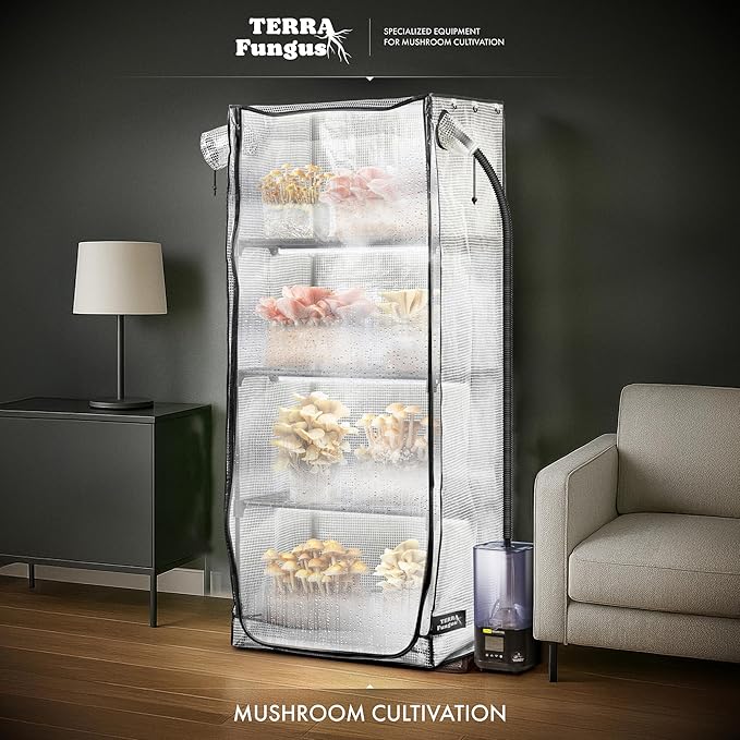 Mushroom Grow Tent with 6500K LED Light & Timer, 4-Tier Shelves Fit Up to 8 Monotubs, Mini Indoor Greenhouse with Grow Light, Waterproof Tray, 4 Vents, Martha Tent