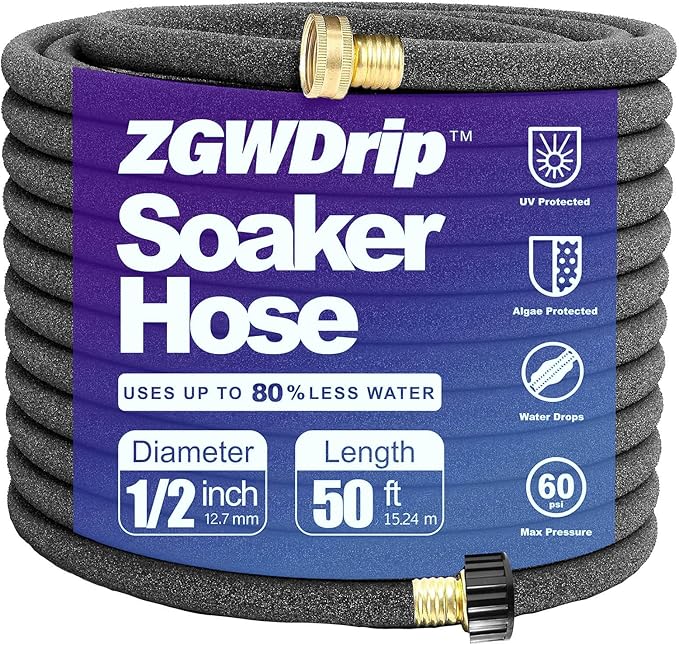 50FT 1/2" Water-Saving Soaker Hose with Solid Brass Connectors, Drip Irrigation Kit for Lawn & Yard