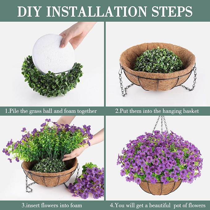 Artificial Flowers Hanging Plants in Basket,Artificial Hanging Flowers for Spring Outdoor Indoor Decor,UV Resistant hanging Baskets with Fake Flowers for Summer Patio Garden Porch Deck Home Decor