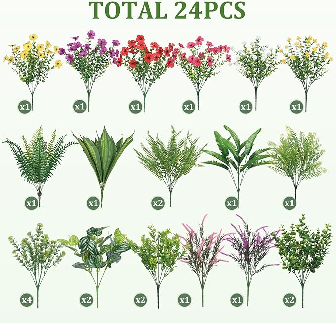 Alupssuc 24 Pcs Artificial Plants Flowers for Outdoors, Realistic Faux UV Resistant Greenery & Silk Flowers,Fake Plastic Shrubs Stems No Fade for Indoor Outside Garden Patio Spring Planter Home Decor