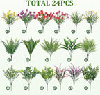 Alupssuc 24 Pcs Artificial Plants Flowers for Outdoors, Realistic Faux UV Resistant Greenery & Silk Flowers,Fake Plastic Shrubs Stems No Fade for Indoor Outside Garden Patio Spring Planter Home Decor