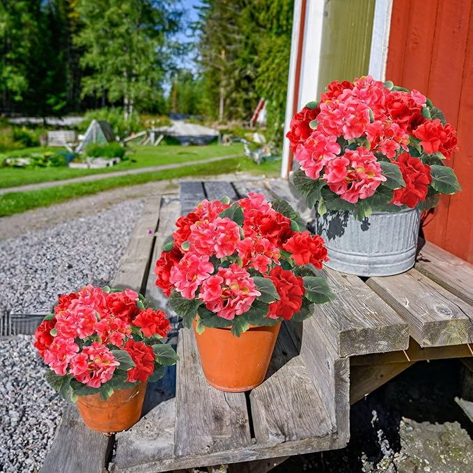 TURNMEON 2 Pack Artificial Geranium Fake Flowers for Outdoors Spring Summer Decor, Silk Geraniums Flowers UV Resistant Faux Flower Potted Plants for Gardens Farmhouse Indoor Home Table Decor (Mixed)