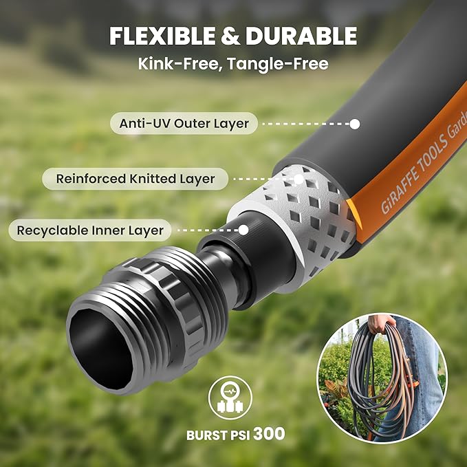 Giraffe Tools 25FT Garden Hose, 5/8" Lightweight Lay Flat Water Hose, No-Kink, Flexible Gardening Hose with Male to Female Aluminum Fitting, Customizable-Length Hose Pipe for Yard