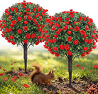 PATIO CHOICE Topiary Trees Artificial Outdoor Boxwood Ball Trees with Rose Set of 2 22" Fake Outdoor Plants Faux Bushes and Shrubs Decorations for Outdoor Indoor Front Porch Garden