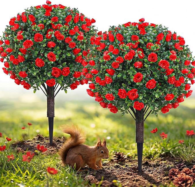 PATIO CHOICE Topiary Trees Artificial Outdoor Boxwood Ball Trees with Rose Set of 2 22" Fake Outdoor Plants Faux Bushes and Shrubs Decorations for Outdoor Indoor Front Porch Garden