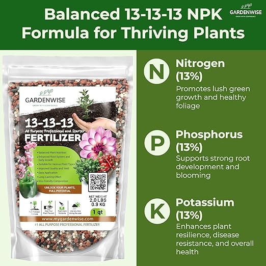 Gardenwise 13-13-13 Slow Release Granular Fertilizer – All Purpose Plant Food 13 13 13 for Outdoor Grass, Vegetables, Roses, Flowers, Shrubs, Trees. Lawns, Gardens, Potted Plants (10 quarts)